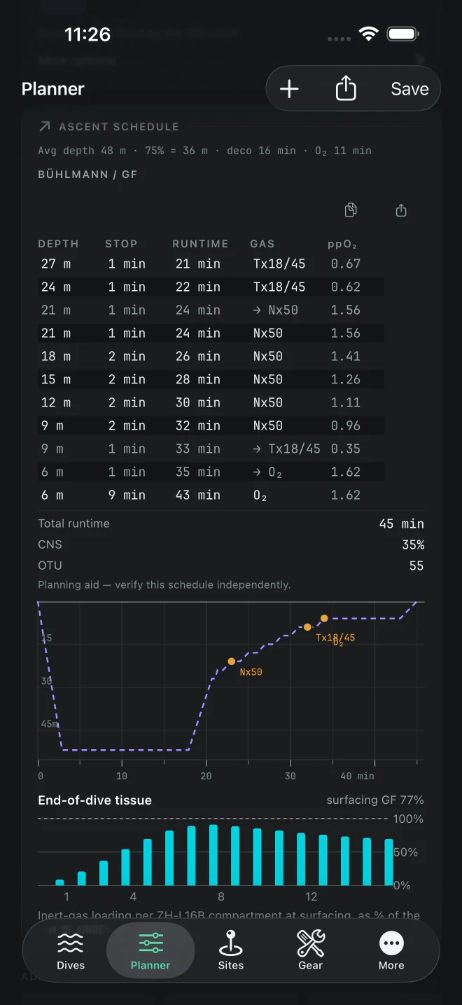 DIR decompression schedule on iPhone with gas switches, ascent profile, and tissue loading