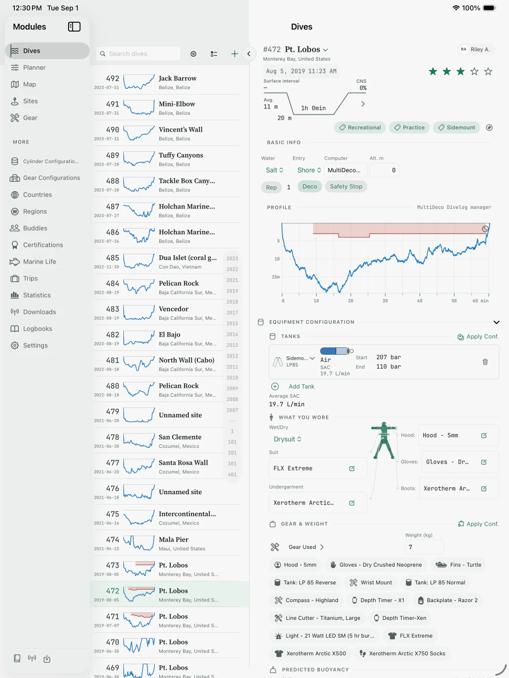 A complete dive record on iPad, with a searchable dive list beside profile, tank, exposure protection, gear, and buoyancy details