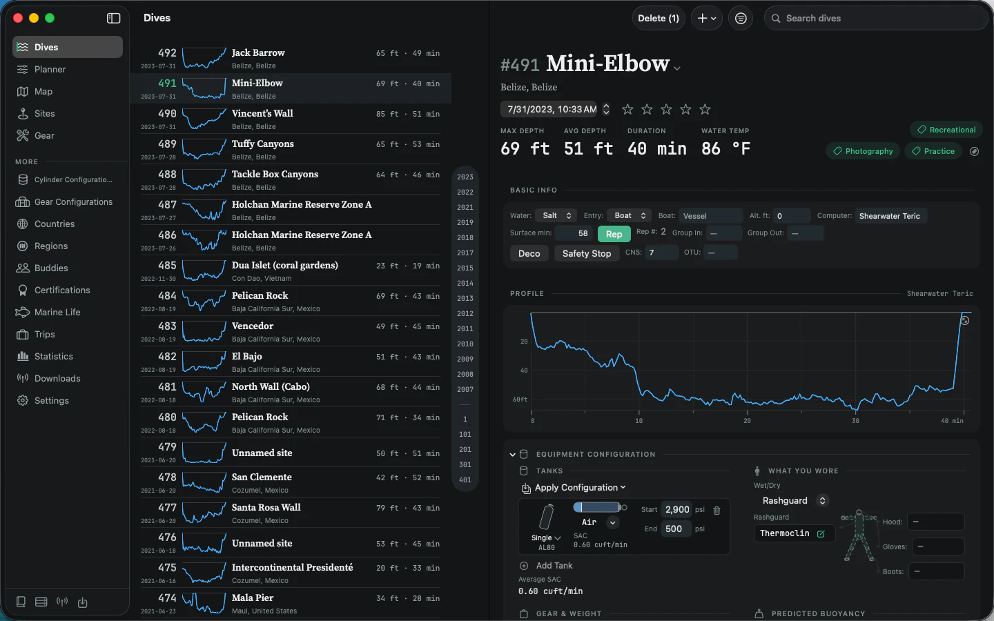 A complete dive record in the Mac app, showing the dive list, profile, computer data, tanks, exposure protection, gear, and predicted buoyancy