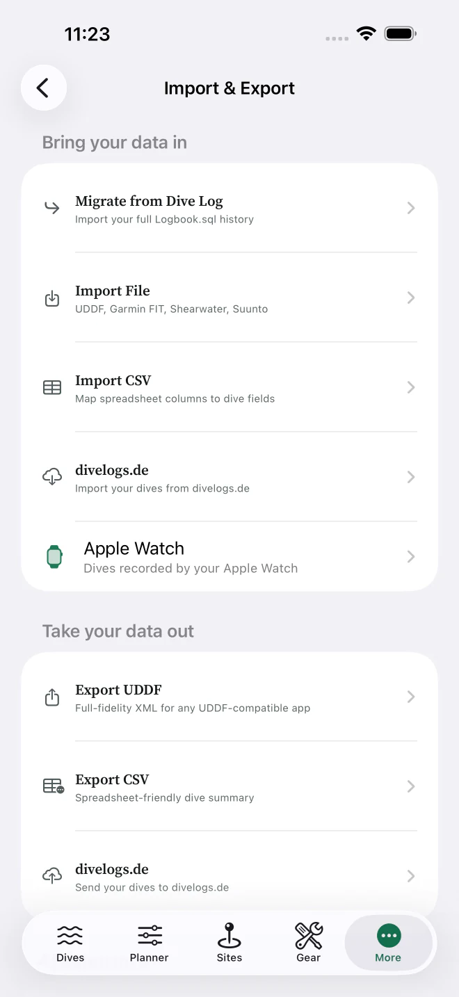 Import and export screen on iPhone listing Dive Log, UDDF, Garmin FIT, Shearwater, Suunto, CSV, and Apple Watch